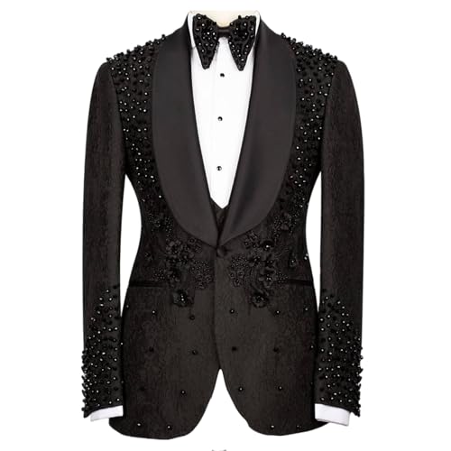 Manviss Men's Luxury Handmade Rhinestone Paisley Blazer Slim Fit Single Breasted Black Dinner Prom Wedding Stylish Tuxedo