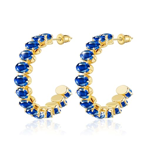 Linawe Boucles d'oreilles bleu saphir en or, créole fossile, grandes boucles d'oreilles en acier inoxydable pour femmes, boucles d'oreilles en or avec pierre