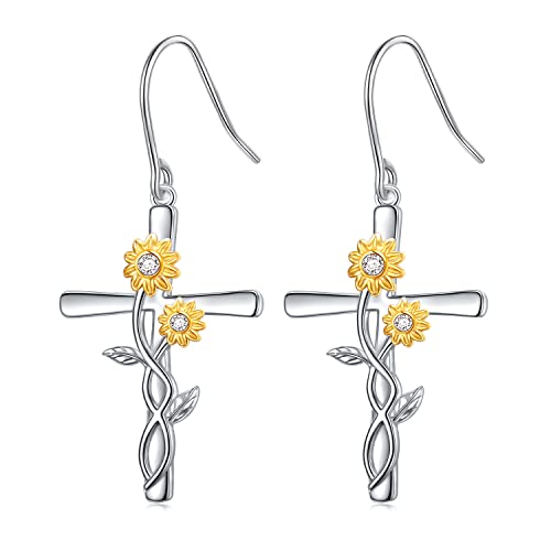 Sterling Silver Sunflower Earrings - Heart/Dangle & Drop Hooks - Women's Jewelry Gifts
