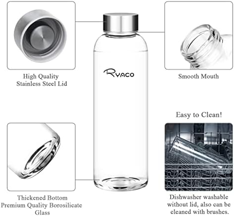 RYACO Borosilicate Glass Water Bottle 550ml BPA-Free Leak Proof Ideal for School Home Office Travel Sport Yoga Gym Hot Cold Drinks with Portable Neoprene Carrying Sleeve and Sponge Brush