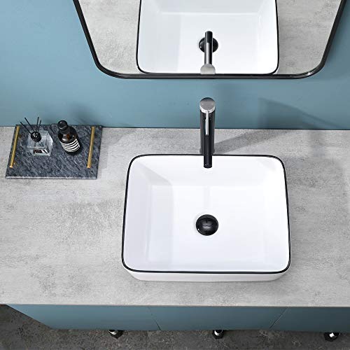 Rectangle White Porcelain Ceramic Bathroom Vessel Vanity Sink Black Trim Rectangular Art Basin by Hotis, Above Counter installation