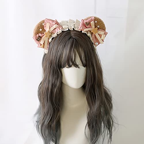 Gk-O Lolita Bear Ear Headband Bowknot Hair Kawaii Lolita Prop Headwear Cute Hairpin Female Headdress Hair Accessories Handmade (Pink) #TOP2