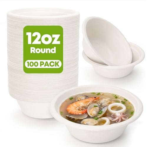 W&Y 12 oz Paper Bowls, 100-Count Disposable Compostable Bowls, Microwave Safe & Heavy Duty, Biodegradable Sugarcane Fiber Bowl for Hot Soup, Salad, Snacks, and Party Use