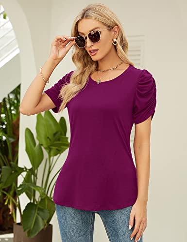 Ivicoer Puffy Sleeves Blouse For Women Summer Scoop Neck Short Sleeve Tops Work Shirts Dressy Casual (Fuchsia, L) #TOP2