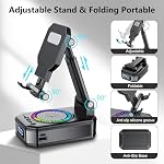 Gifts for Men Women, Foldable Mobile Phone Stand with Bluetooth Speaker, 4-in-1 Design Portable Speaker with Colourful RGB Lights, Anti-Slip Base, Birthday Presents for Dads/Mums,Cool Tech Gadgets