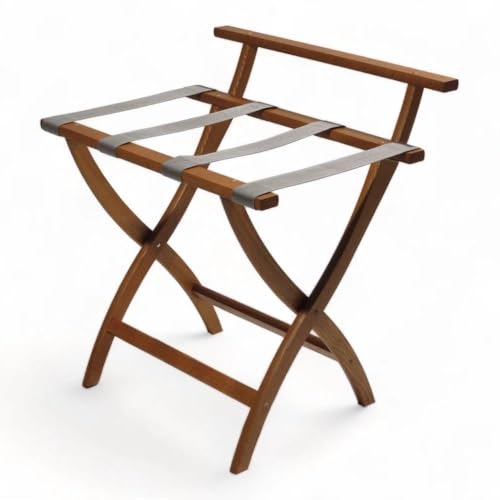 High Back Solid Wood Folding Luggage Rack with Grey Straps in Brown Finish New