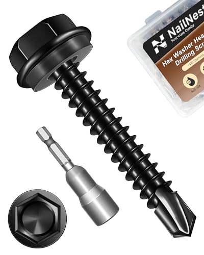 nailnest 50PCS #10 x 1-1/4" Self Drilling Screws, Black Self Tapping Screws for Metal, 410 Stainless Steel Hex Washer Head Sheet Metal Screw, Quick Tapping with 8mm Hex Socket