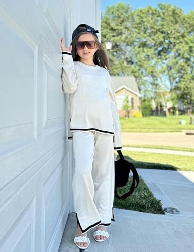 Image of Arshiner Girl's 2 Piece Outfits Long Sleeve Knit Pullover Sweater Tops Wide Leg Pants Casual Fall Sets Tracksuits