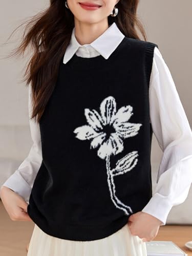 Wowcarbazole Women's Sweater Vest Crew Neck Sleeveless Ribbed Knitwear Casual Trendy Floral Knitted Vest Pullover Top2