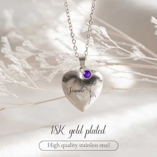 Personalized Heart Necklace with Picture inside Custom Locket Necklace for Women Engraved Birth Flower Text for Heart Locket Necklace Gold/Silver/Rose Gold Christmas Birthday Gifts2