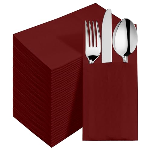 CXPSINC Burgundy Napkins Disposable with Pocket 100Pcs Pre-Folded Airlaid Paper Dinner Napkins Soft and Absorbent for Parties Weddings Dinners or Events