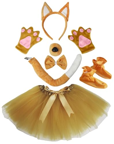 Petitebelle Disfraz infantil de pastor alemán, diadema, guantes, zapatos de nariz, tutú, 7 piezas (caqui, talla única)