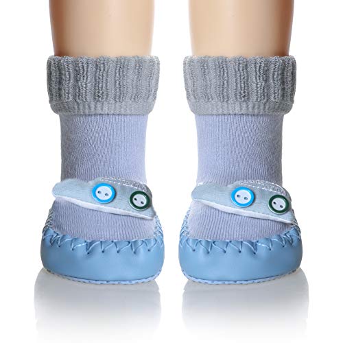 Baby Boy Girls Toddlers Cartoon Animal Moccasins Non-Skid Indoor Slipper Winter Warm Shoes Socks (6-12 Months, Blue Car)
