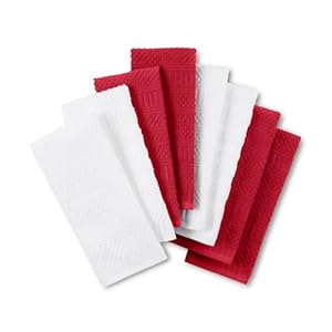 KitchenAid Cotton Classics Antimicrobial Solid Textured Kitchen Towels, 8 Pack, Absorbent, 100% Cotton, Passion Red, White, 17 x 28 Inches