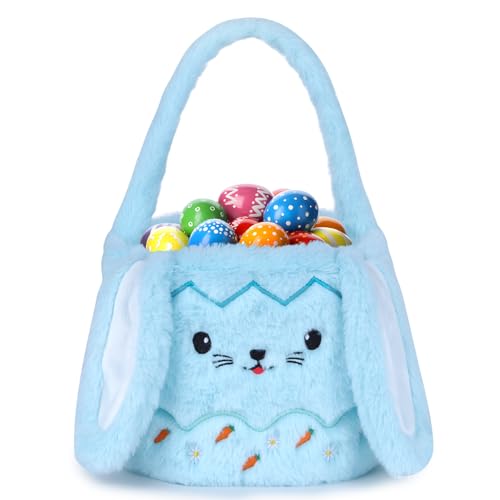 COSKINGLAND Easter Bunny Basket for Kids Blue Bunny Basket Plush Easter Bunny Baskets with Long Plush Ear Cute Bunny Plush Basket Plush Bags Gift Kids Easter Egg Hunt Basket Plush Easter Bunny Bags
