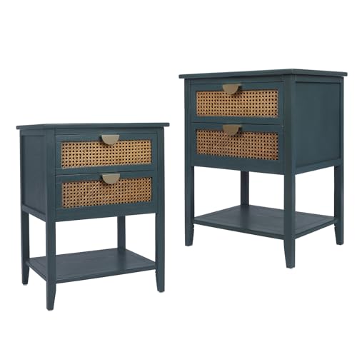 YHAOWORKS Rattan Nightstand Set of 2 - Night Stand with Drawers, Accent End Table with Storage Shelf, Wood Bed Side Table, Boho Bedside Tables for Bedroom, Living Room, Green