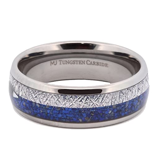 Rose Gold Plated, Polished or Black Plated Tungsten Carbide 6mm or 8mm Wedding Band Blue Lapis Lazuli and Meteorite Inlay with Arrow2