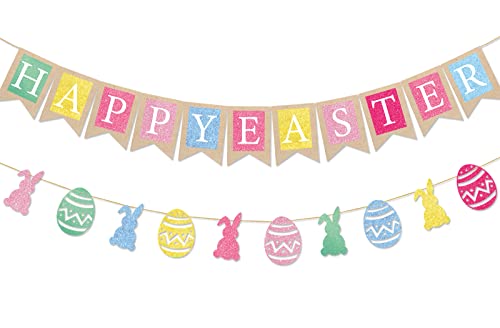 Whaline Happy Easter Banner Glitter Easter Egg Bunny Burlap Banner Pre-Assembled Holiday Bunting Garland Party Decorations for Indoor Outdoor Mantle Fireplace Home Backdrop Decor Party Supplies