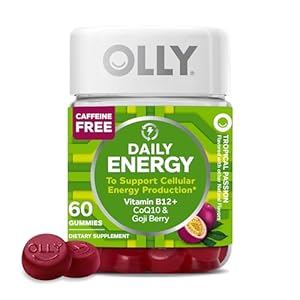OLLY Daily Energy Gummy, Caffeine Free, Vitamin B12, CoQ10, Goji Berry, Adult Chewable Supplement, Tropical Flavor – 60 Count