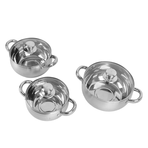 Nikou Juego de 3 ollas de sopa de acero inoxidable, con fondo grueso, antiadherentes, con asas y tapas antiquemaduras para cocina, diseño de doble mango