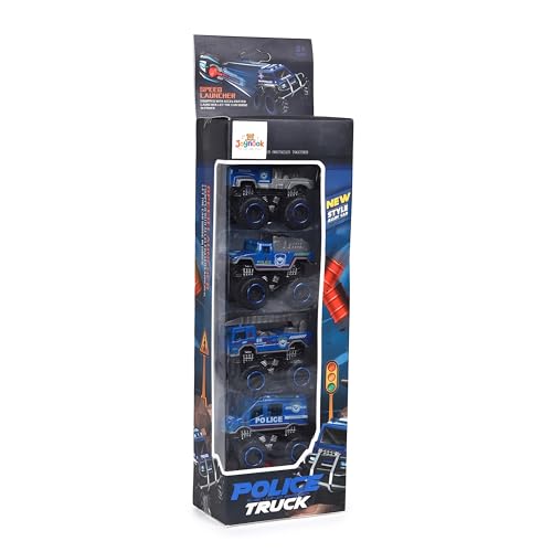 Image of Die-Cast Alloy Monster Police Truck Set of 4 with Manual Launcher | Metal Mini Monster Vehicle Toy Cars | Multicolor Pull-Back Friction Trucks for Kids Aged 3+ Years
