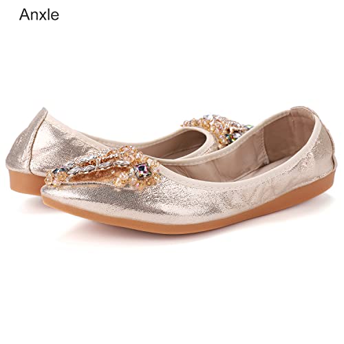 Anxle Womens Foldable Ballet Flats Bling Rhinestone Pointed Toe Comfort Slip On Walk Work Loafers Bridal Dress Shoes Gold 9 #TOP4