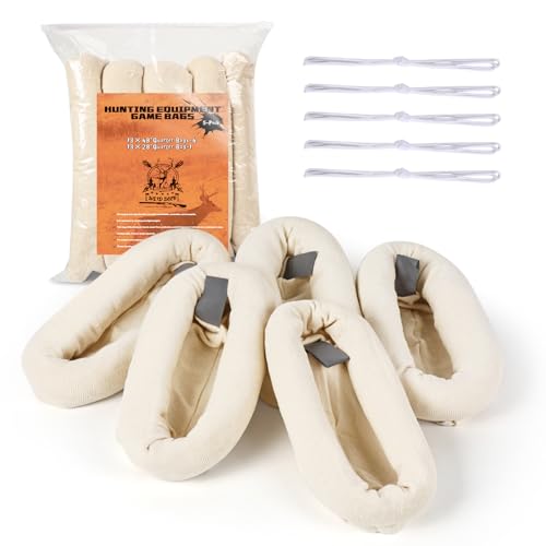 Qiullen 5-Pack Cotton Game Bags for Hunting - Breathable Meat Storage Bags for Elk, Deer, Caribou & Moose | Reusable, Washable with Reflective Strips & Ropes |4x48+ 1x28