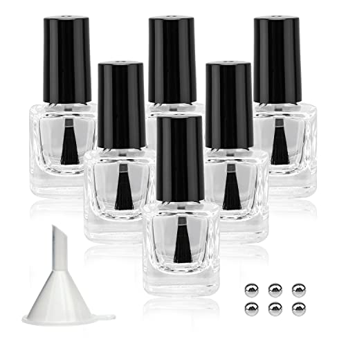 Agidea 6PCS Empty Nail Polish Bottles with Funnel Empty Fingernail Polish Bottles Glass Rectangle with Brush & Mixing Balls Black (5ML)