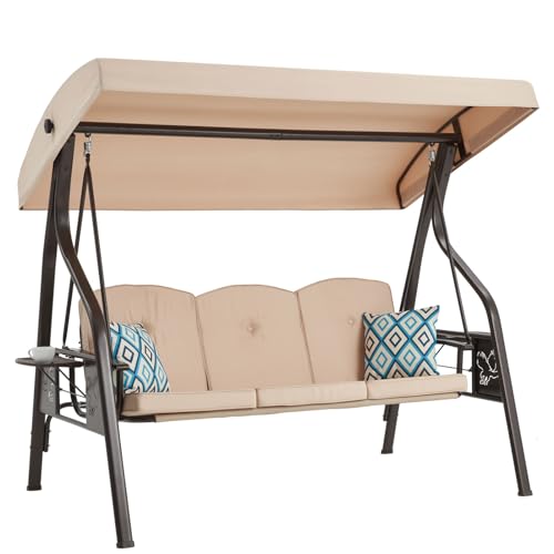 Image of ZZW 3-Seat Outdoor Porch Swing with Stand, Patio Swing with Canopy, 2 in 1 Porch Swing Bed & Patio Swing Chair for Adult, Yard Swing w /Extra Pillows and Cup Holder
