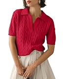 Imily Bela Women's Cable Short Sleeve Sweaters Tops Solid Lapel V Neck Knit Casual Soft Pullover Shirt Red