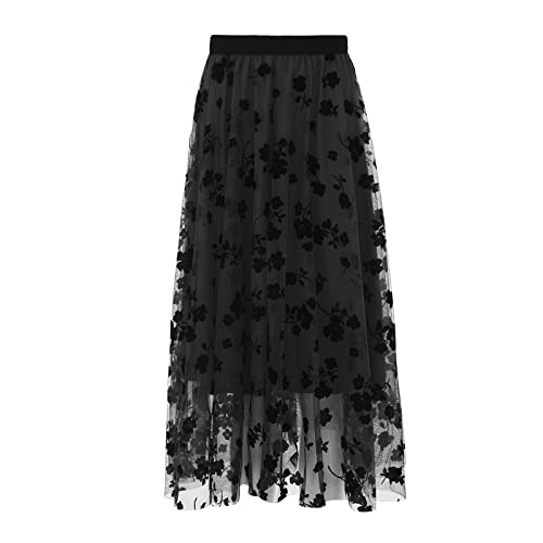 OutTop Long Skirts for Women Swing Floral Print Tulle Skirt Elastic Waist Loose Elegant Pleated Maxi Skirt Dresses (Black, XL) OutTop Long Skirts for Women Swing Floral Print Tulle Skirt Elastic Waist Loose Elegant Pleated Maxi Skirt Dresses (Black, XL)
