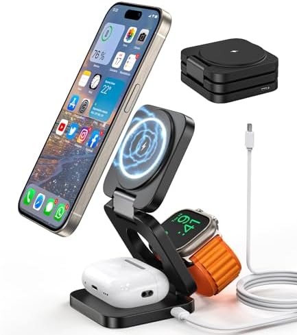 Magnetic Wireless Charger, Foldable 3 in 1 Wireless Charging Station, Fast Wireless Charger Stand for iPhone 15 14 13 12 Pro Max, for Apple Watch 9 8 7 6 5 4 3 2 SE, for AirPods Pro 3 2 (Black)