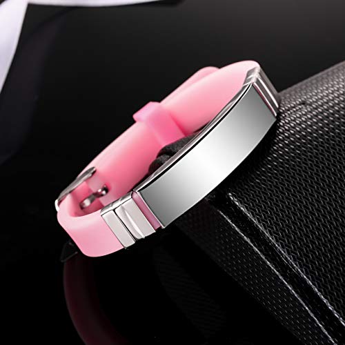Memediy Personalized Bracelet Engraving Names Silicone Sport Wrist Identification Id Tag Bracelet Customized For Men Women Stainless Steel Rubber Adjustable - (13Mm Wide, Pink Color) #TOP3