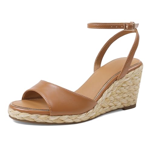 Image of Marc Ford Wedge Sandals For Women Raffia Espadrille Platform Wedges Summer Comfort Sandals Ankle Strap Stylish Open Toe Beach Vcation Raffia Wedges Heels 3 inch