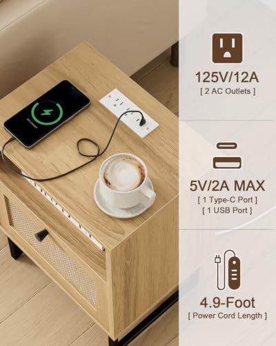 Image of Rattan Nightstand with Charging Station, Boho Night Stand Farmhouse Wood Bedside Table with Storage and Open Shelf, End Side Accent Table for Bedroom,Living Room,Oak