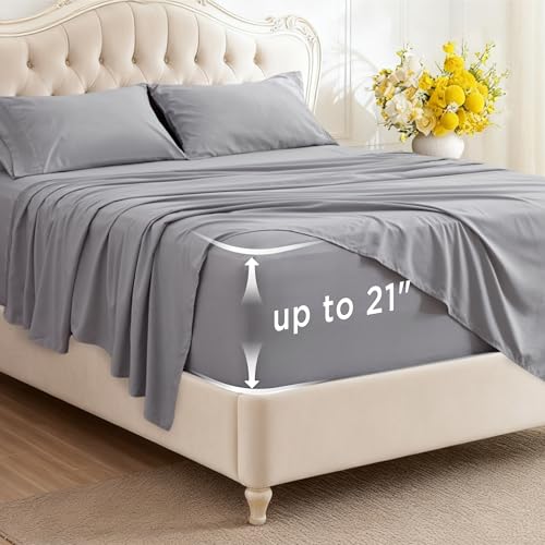 Bedsure Deep Pocket Queen Sheets Set - Fits Mattresses Up to 21 Inches Thick - 4 Piece GentleSoft Bed Sheets, Moisture Wicking, Soft & Cooling Bedsheet & Pillowcases, Easy & Secure Fit, Light Grey