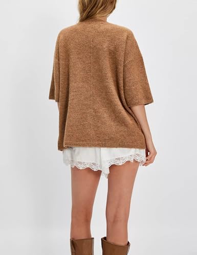 Yeokou Women Sweater Tee Casual Crewneck Short Sleeve Pullover Top Ribbed Knit Loose Shirt