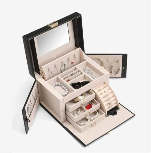 Image of KRISHYAM Jewelry Box, 4 Layer Leather Jewelry Boxes, Jewelry Organizer with Mirror and Lock for Girls Women Bracelets Rings Necklaces Earrings (Black)