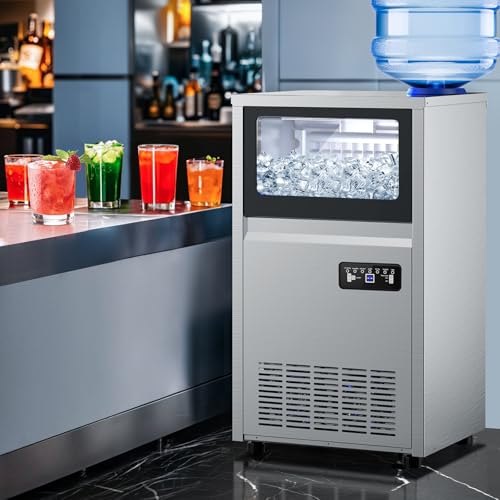 Image of Commercial Ice Maker Machine 150LBS /24H,45Lbs Storage,2 Water Inlet Modes | 50Pcs Clear Ice Cubes in 8-15Mins, Stainless Steel, Freestanding For Home,Bar,Office,Shop, Supports 3 /5-Gallon Bottle