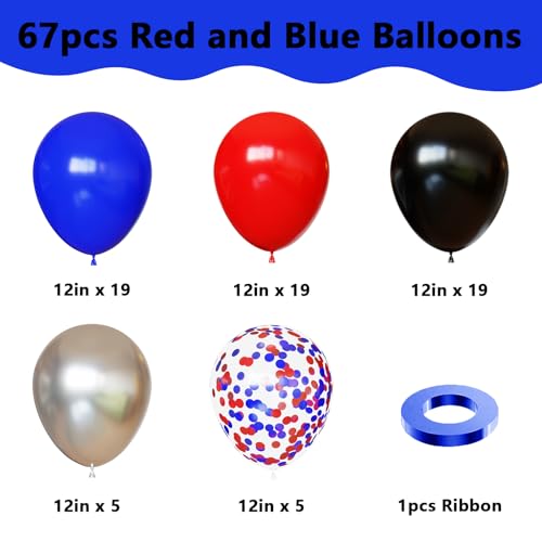 Image of Red Blue and Black Balloons, 67pcs 12 Inch Red Blue Confetti Silver Balloon for Boys Birthday Party Baby Shower Graduation Party Decoration