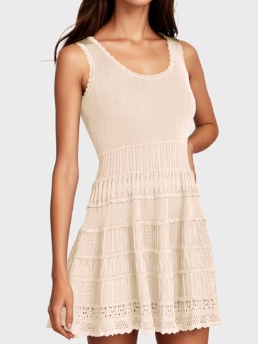 Fisoew Womens Summer Mini Dresses Casual Crewneck Knitted Crochet Hem Flowy Tank Sundress3