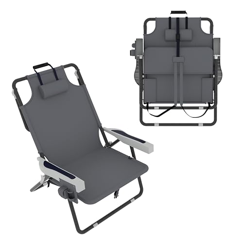 Yardenaler Outdoor Foldable Beach Chaise Lounge Chair with Detachable Pillow & Pocket, Portable Tanning Chair with 5 Positions Adjustable Back for Beach, Pool and Camping, Gray
