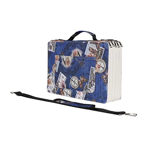 Image of Pencil Case Slot Holds 500 Colored Pencils or 340 Color Gel Pens with Zipper Closure Large Capacity Retro Style Element Pattern Pen Organizer Bag with Shoulder Strap (Dark Blue)
