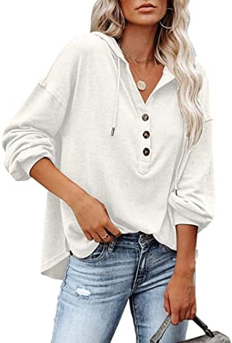 PLOKNRD Hoodies Women Drawstring Sweatshirts Button V Neck Pullover Autumn