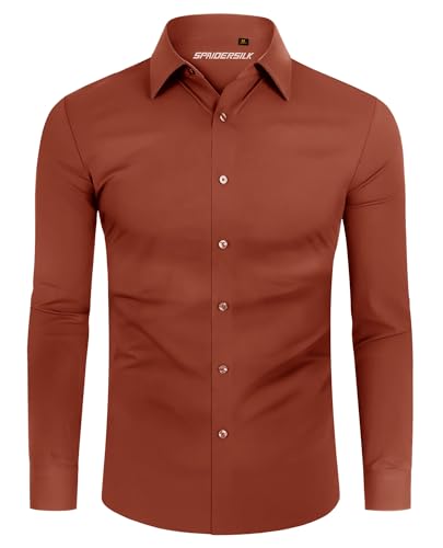 Image of DEMEANOR 4-Way Stretch Mens Shirts Long Sleeve Muscle Fit Formal Dress Shirts for Men Non Iron Casual Shirts Business Wedding Work Brown