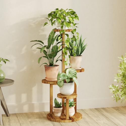 Bamworld Plant Stand Indoor Plant Shelf 4 Tier Wood Plant Stand for Multiple Plants Tall Corner Plant Stands for Outdoor Round Flower Stand Plant Holder for Living Room Patio Garden Balcony Brown