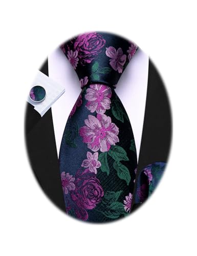 Image of Barry.Wang Flower Ties for Men Handkerchief Cufflinks Set Wedding Necktie Set Party