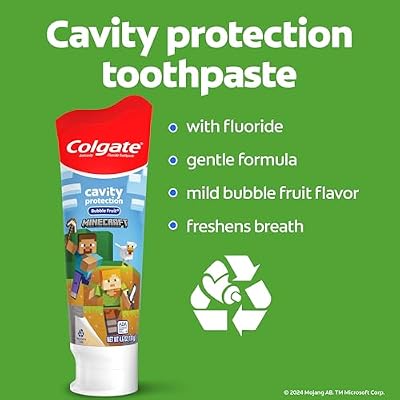 Colgate Minecraft Kids Toothpaste with Fluoride, 1 Pack, Minecraft Toothpaste with Mild Bubble Fruit Flavor, For Children Ages 2 and Older, Helps Protect Against Cavities and Strengthens Teeth, 4.6 oz