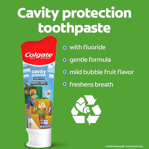 Image of Colgate Minecraft Kids Toothpaste with Fluoride, Minecraft Toothpaste with Mild Bubble Fruit Flavor, For Children Ages 2 and Older, Helps Protect Against Cavities and Strengthens Teeth, 4.6 oz, 4 Pack