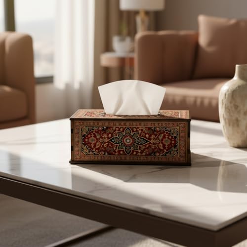 Image of Wooden Tissue Box Holder with Royal Persian Heritage Print Premium Decorative Tissue Case for Home, Office & Luxury Decor Durable MDF Build (6.5 x 5 x 3 Inch)